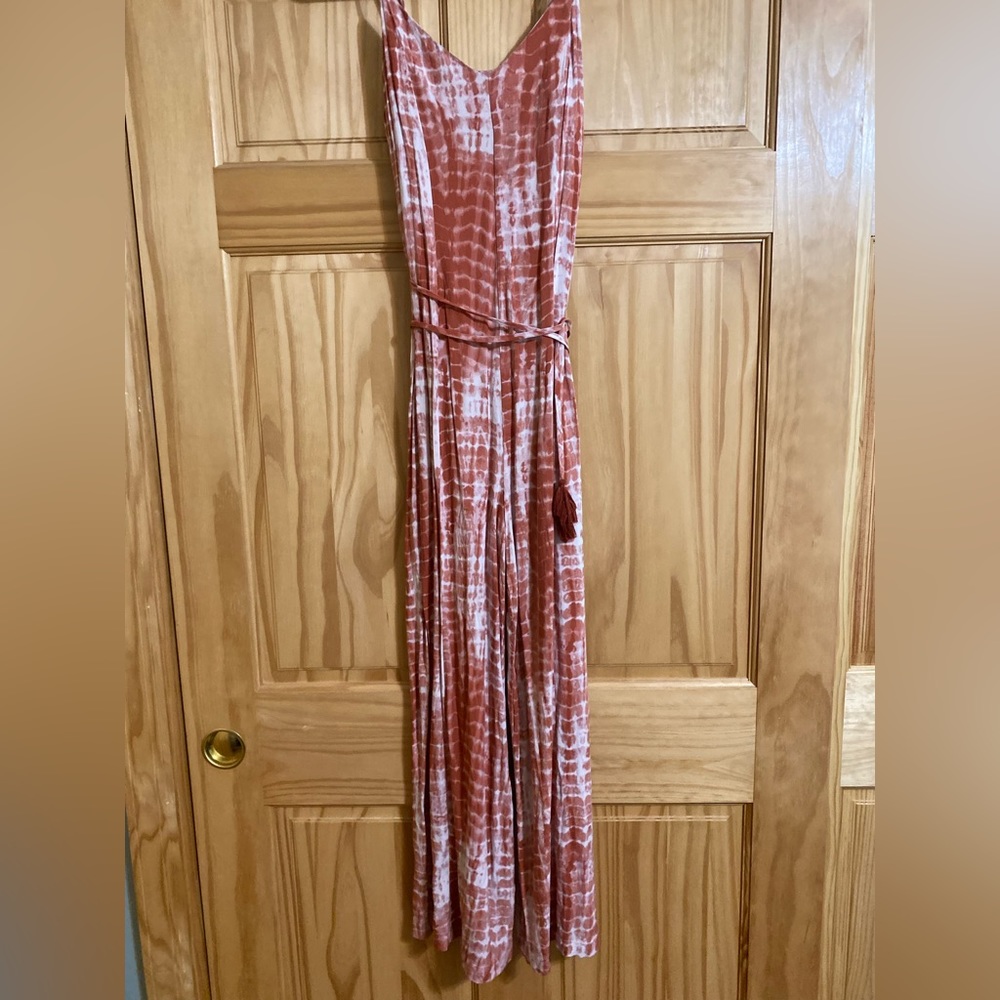 Xhilaration Pinkish/ Red Tie Dye Jumpsuit with Tassel Waist band Size Small